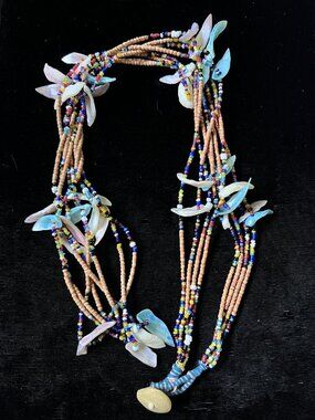 Vintage 70s 80s Tribal Multi Strand Shell Seed Bead Necklace 34 Inch